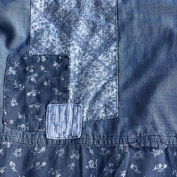 American Eagle Shirt Womens Large Blue Patchwork Button Down Linen Blend Boho - Picture 3 of 8